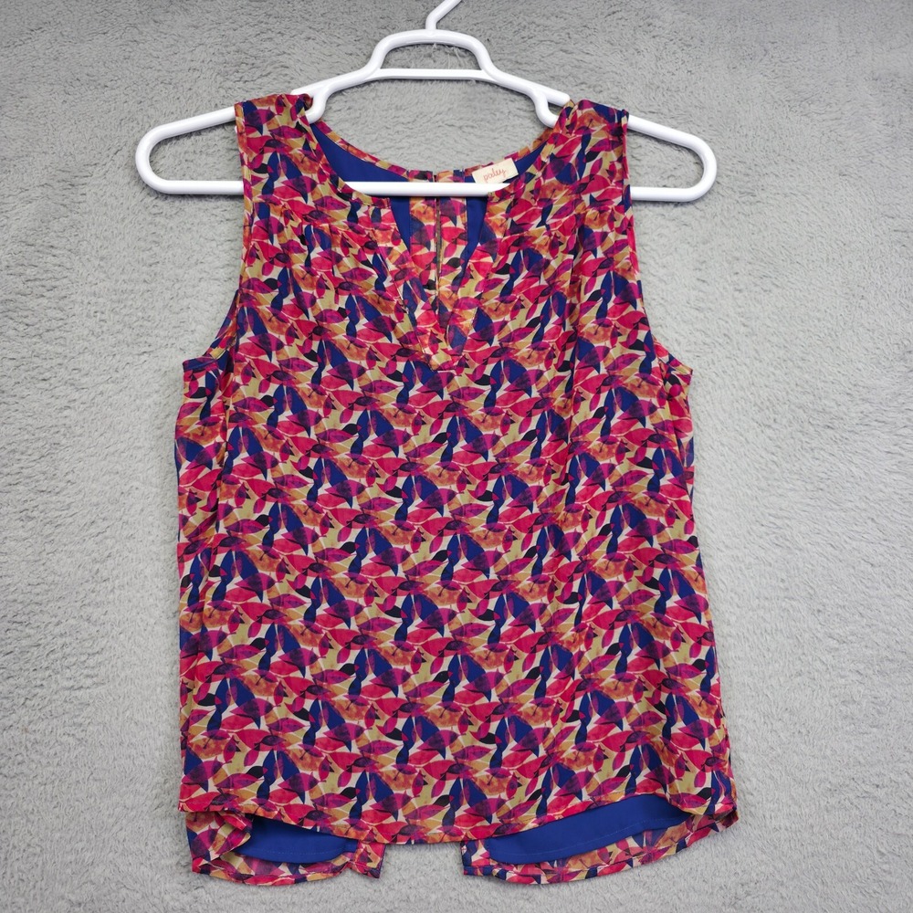Pixley Top Womens S Blue Pink V Neck Geometric Leaf Sheer‎ Lined Back ButtonTank